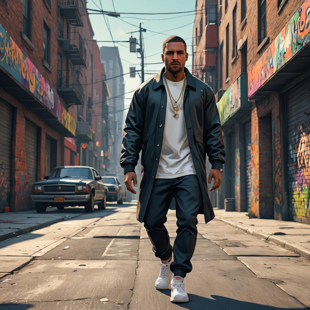 Stylish man in urban alley with street art