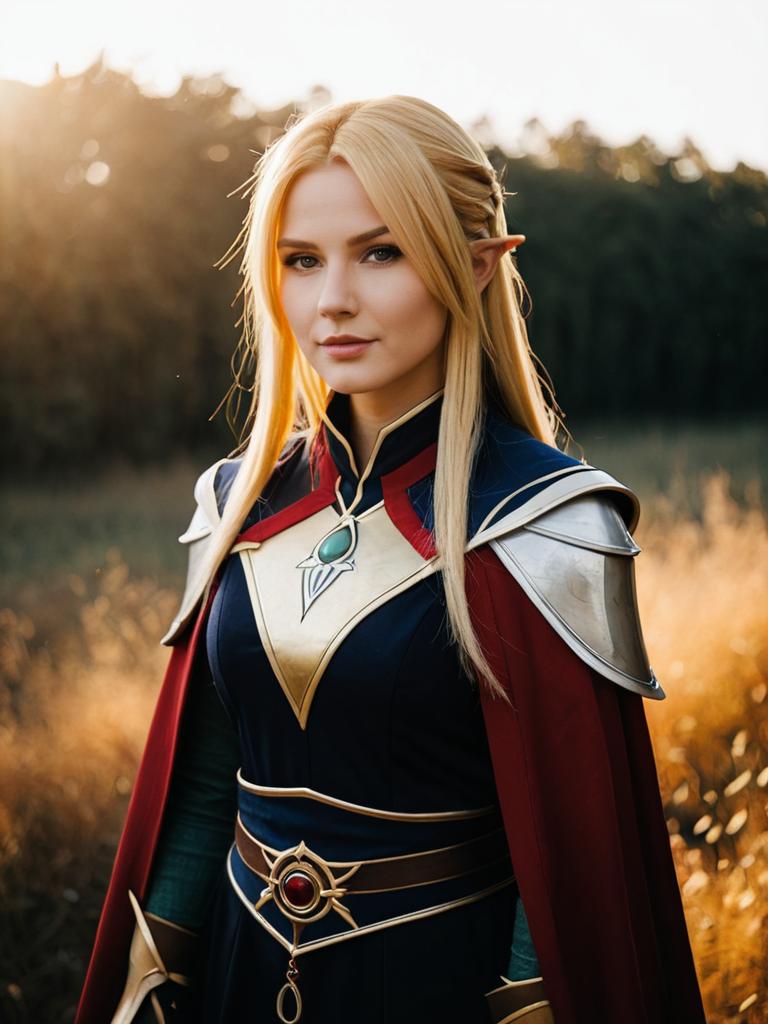 Realistic Fantasy Cosplay Woman Dressed as Trisha Elric with Armor and Cape