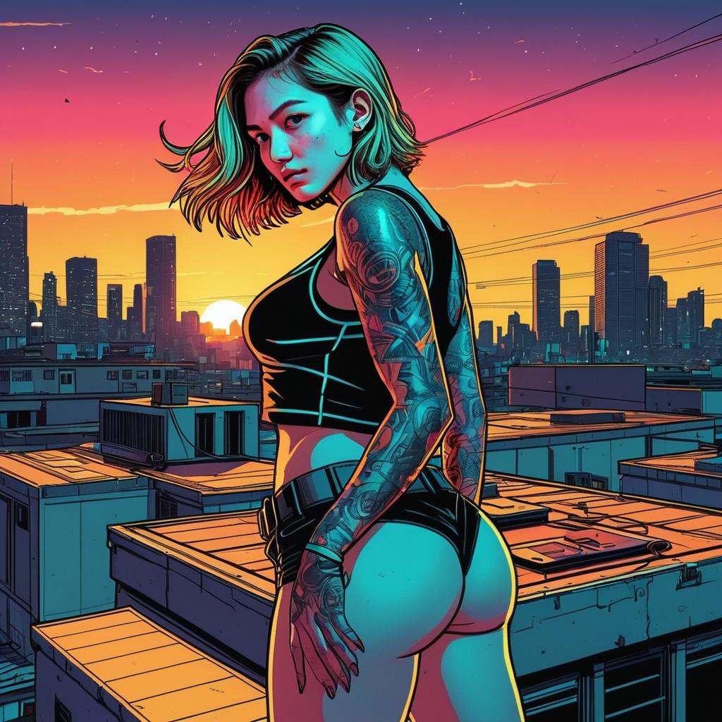 Tattooed Woman on Rooftop at Sunset Cyberpunk Digital Art