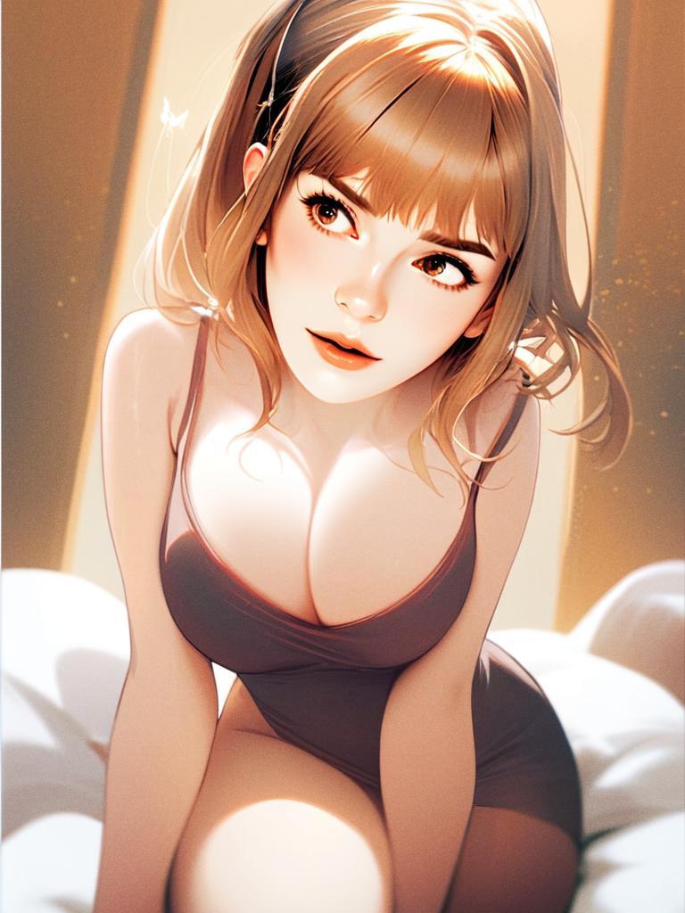 Digital Anime-Inspired Portrait of Woman in Dark Dress Sitting on Bed