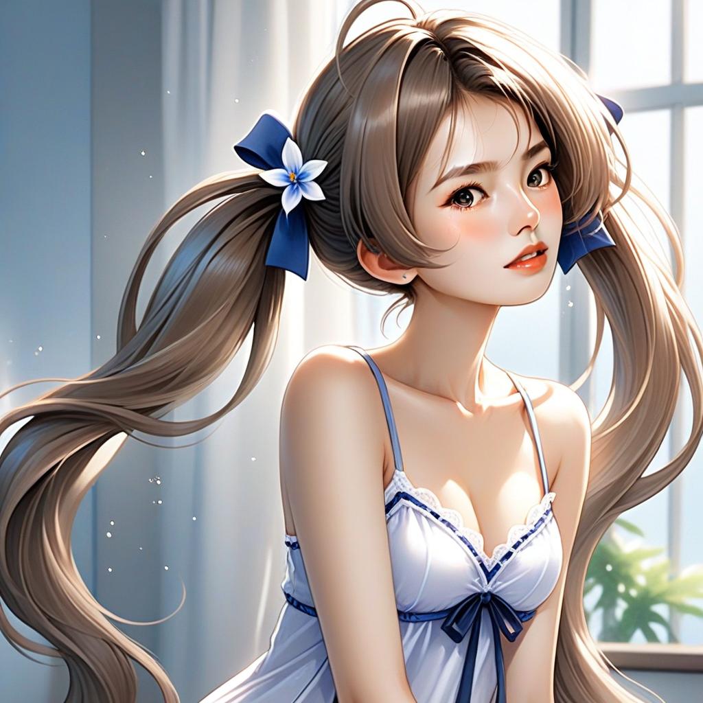 Anime Style Illustration of Young Woman with Twin Ponytails and Blue Ribbon