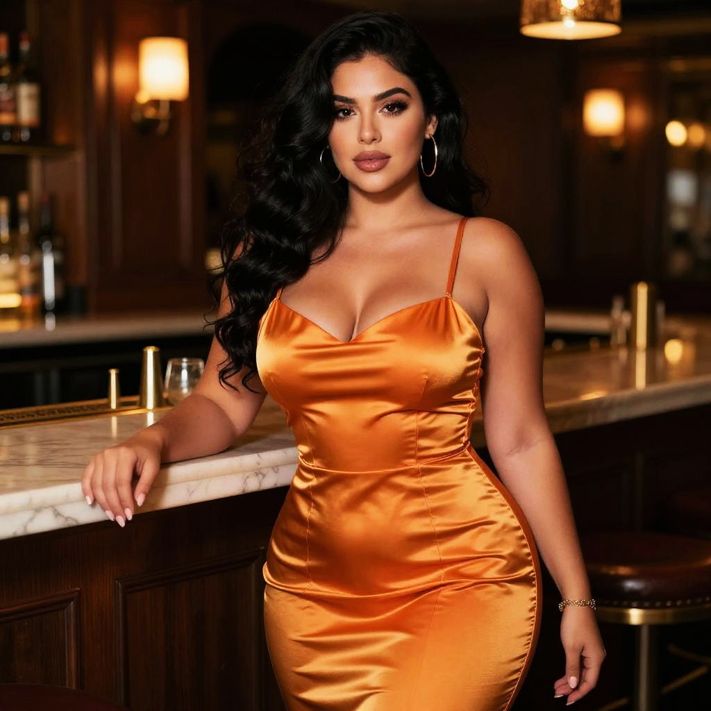 Elegant Woman in Orange Satin Dress Posing in Bar Interior