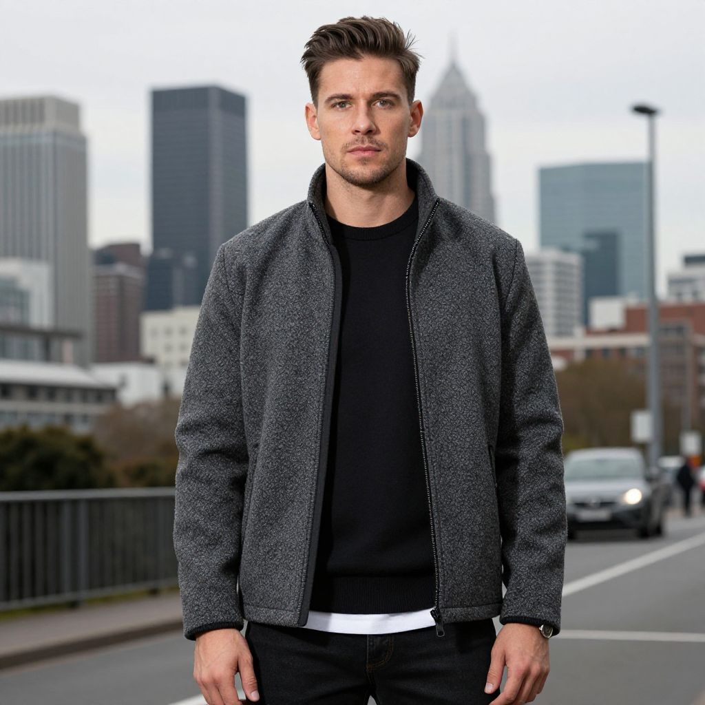 Stylish Young Man Wearing Gray Jacket in Urban Cityscape