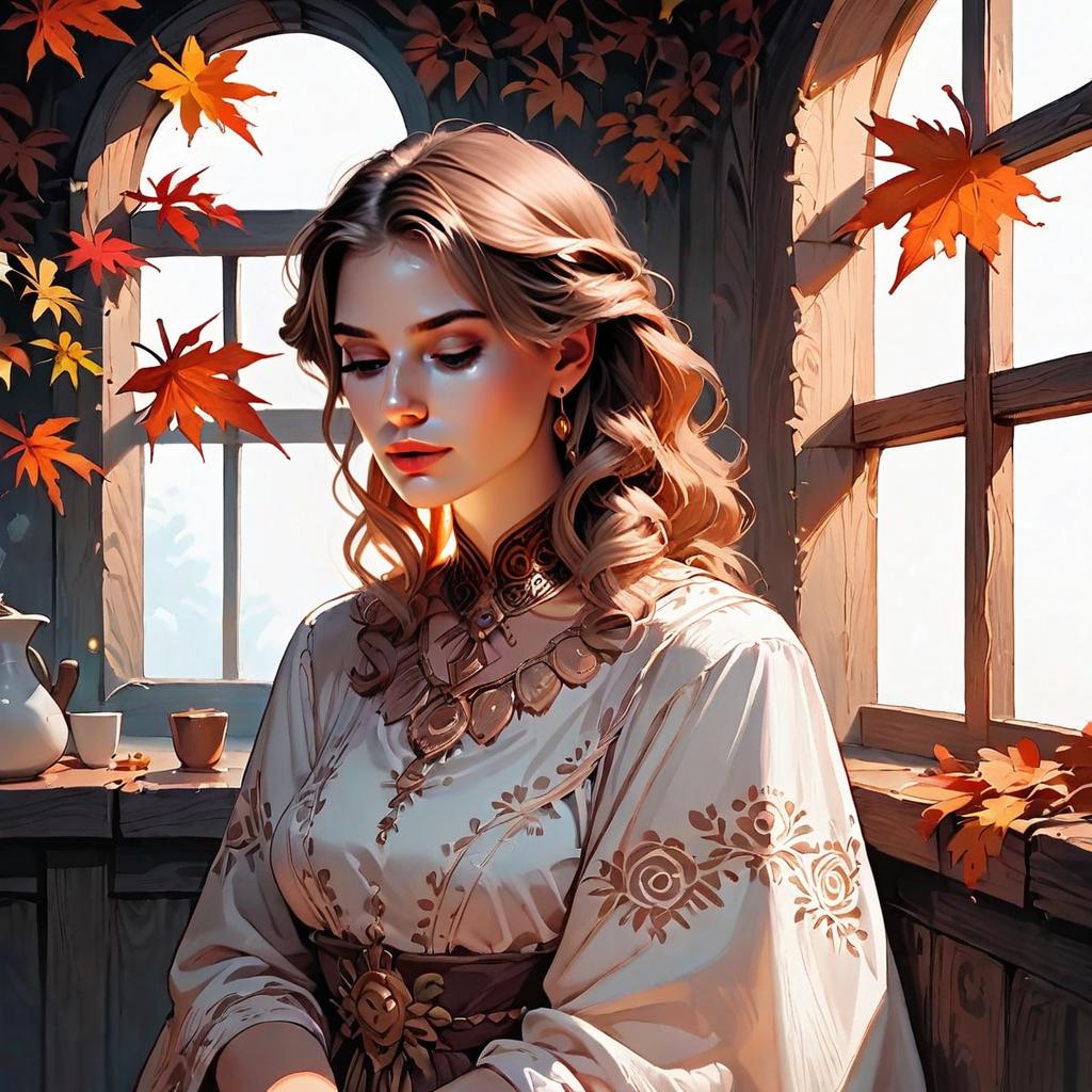 Woman in Traditional Embroidered Dress by Autumn Window