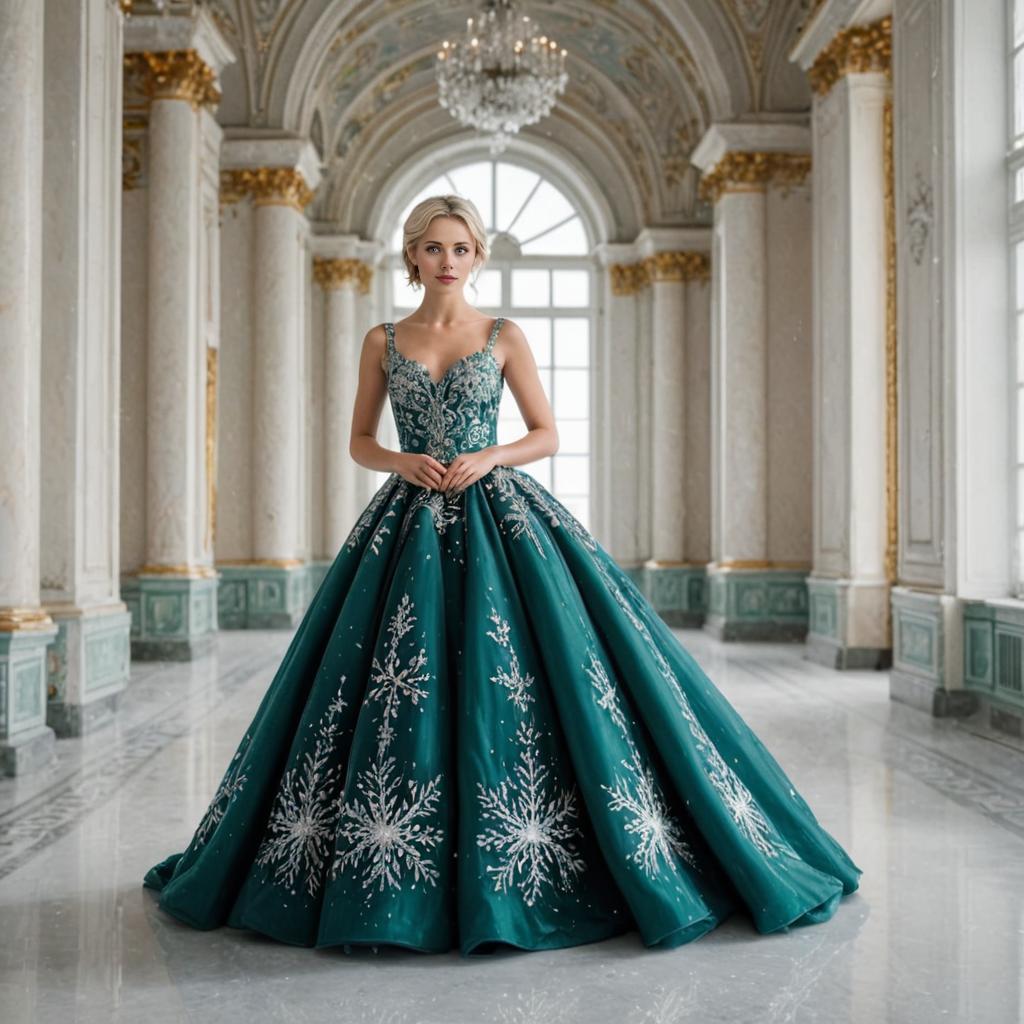 Elegant woman in green ball gown with silver embellishments