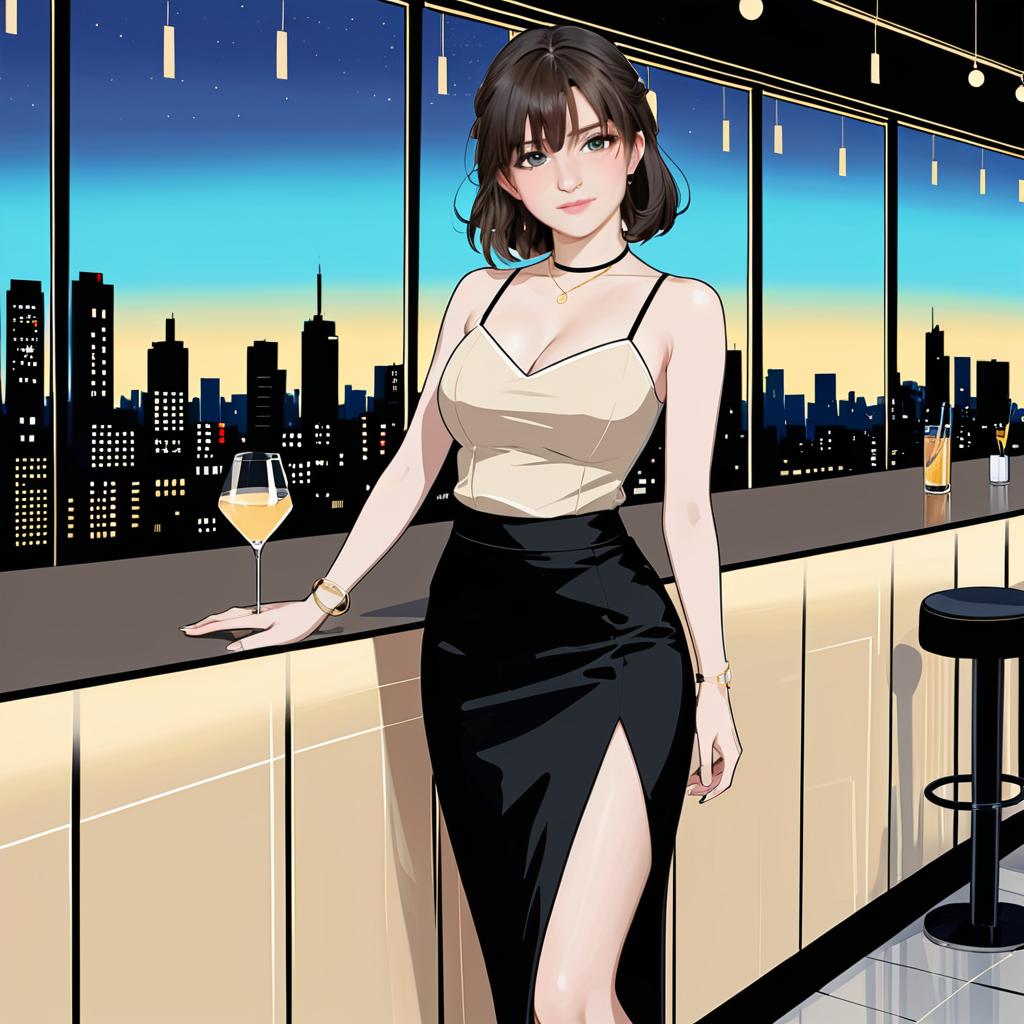 Anime Woman at City Bar Twilight