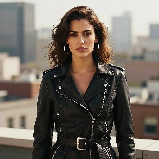 Confident Woman in Black Leather Jacket on Urban Rooftop