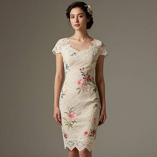 Elegant Floral Embroidered Lace Dress on Woman
