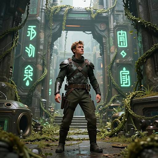 Futuristic Cyberpunk Soldier in Neon Sci-Fi Corridor Overgrown with Plants