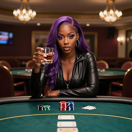 Black Woman with Purple Hair at Poker Table Holding Whiskey Glass in Casino