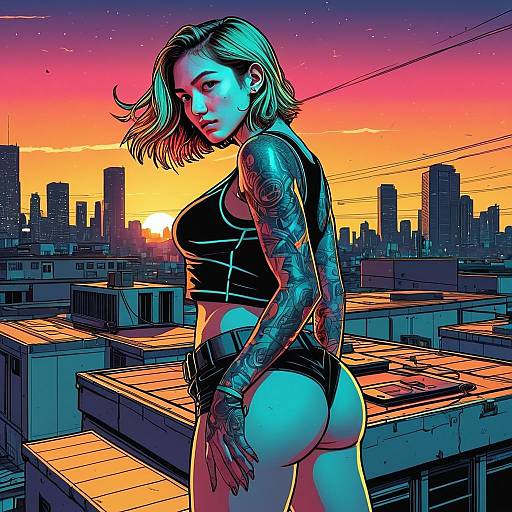 Tattooed Woman on Rooftop at Sunset Cyberpunk Digital Art