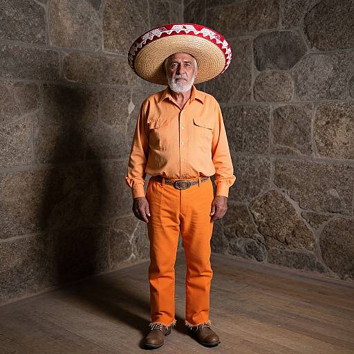 Elderly Man in Traditional Sombrero and Orange Outfit Indoors with Stone Wall Background