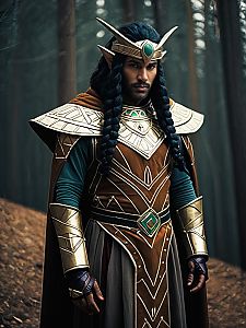 Man Cosplay Wearing Realistic Fantasy Warrior Elf Costume in Forest