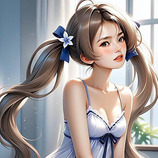 Anime Style Illustration of Young Woman with Twin Ponytails and Blue Ribbon