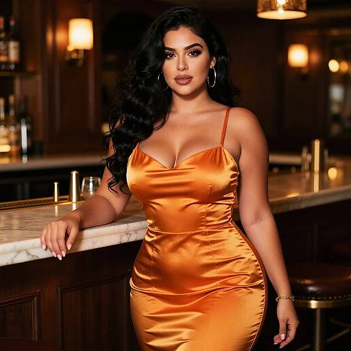 Elegant Woman in Orange Satin Dress Posing in Bar Interior