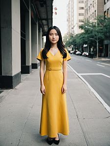 Asian Woman Wearing Yellow Heather Costume Dress on City Sidewalk
