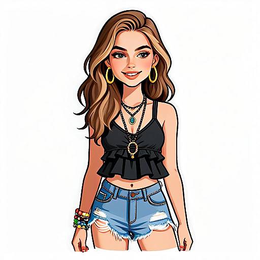 Bohemian Woman with Pretty Face and Hair Wearing Black Crop Top and Denim Shorts