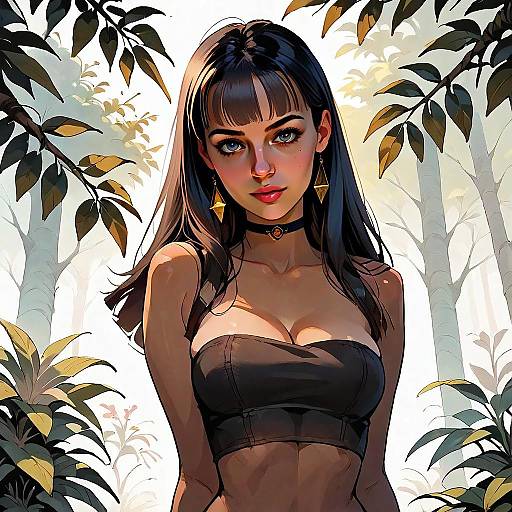 Anime Style Digital Portrait of a Young Woman in Black Top with Forest Background