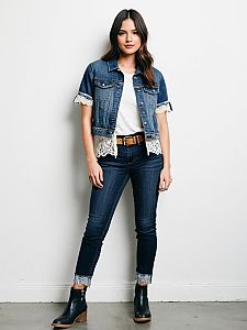 Woman Wearing Denim Jacket and Jeans with Lace Trim in Stylish Casual Outfit