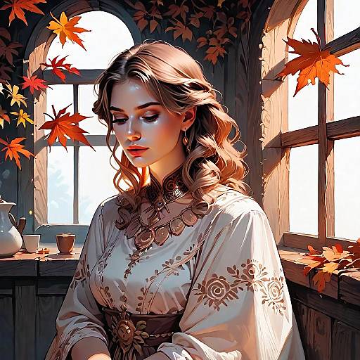 Woman in Traditional Embroidered Dress by Autumn Window