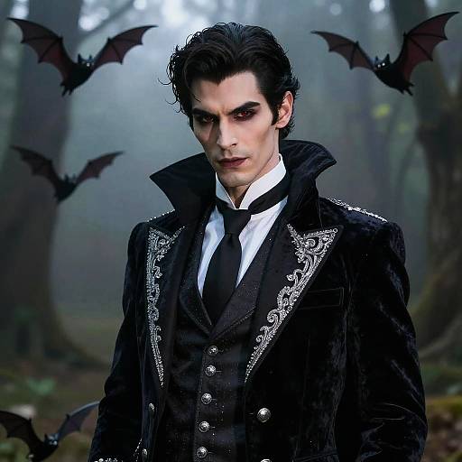 Gothic Vampire Man in Ornate Black Velvet Coat with Bats in Forest