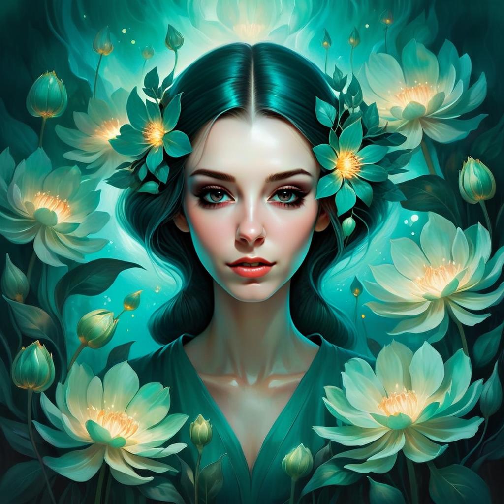 Surreal Digital Portrait of Woman with Glowing Lotus Flowers