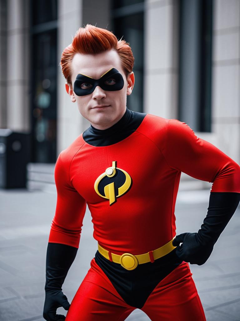 Heroic Man in Red and Black Costume in Urban Setting