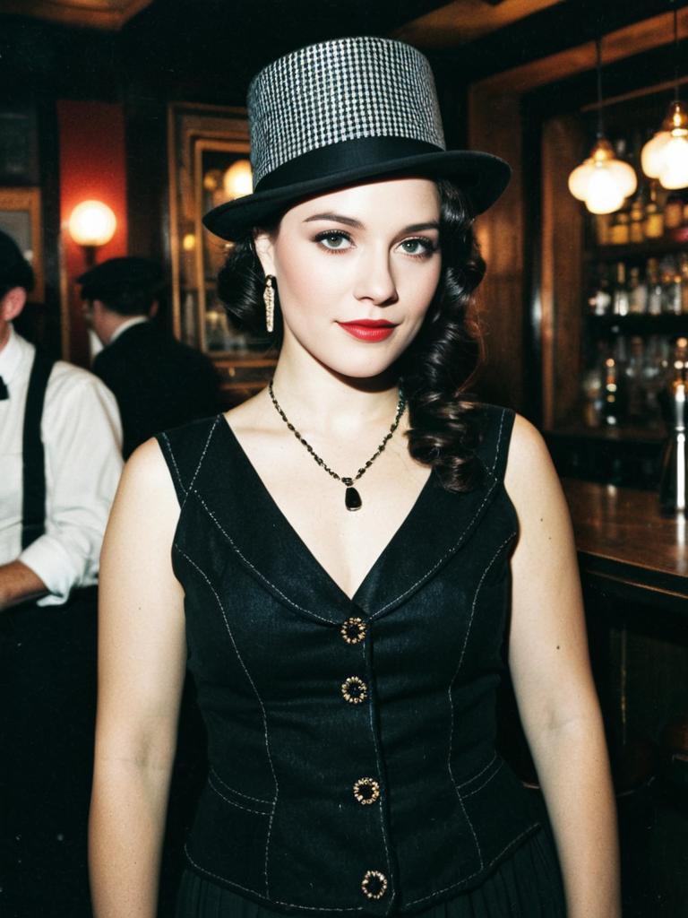 Vintage 1920s Speakeasy Costume Woman in Houndstooth Top Hat