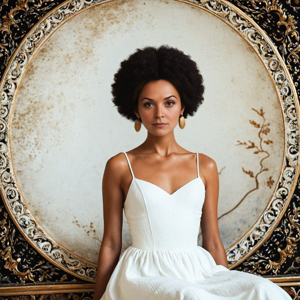 Confident Woman with Afro in Vintage Mirror