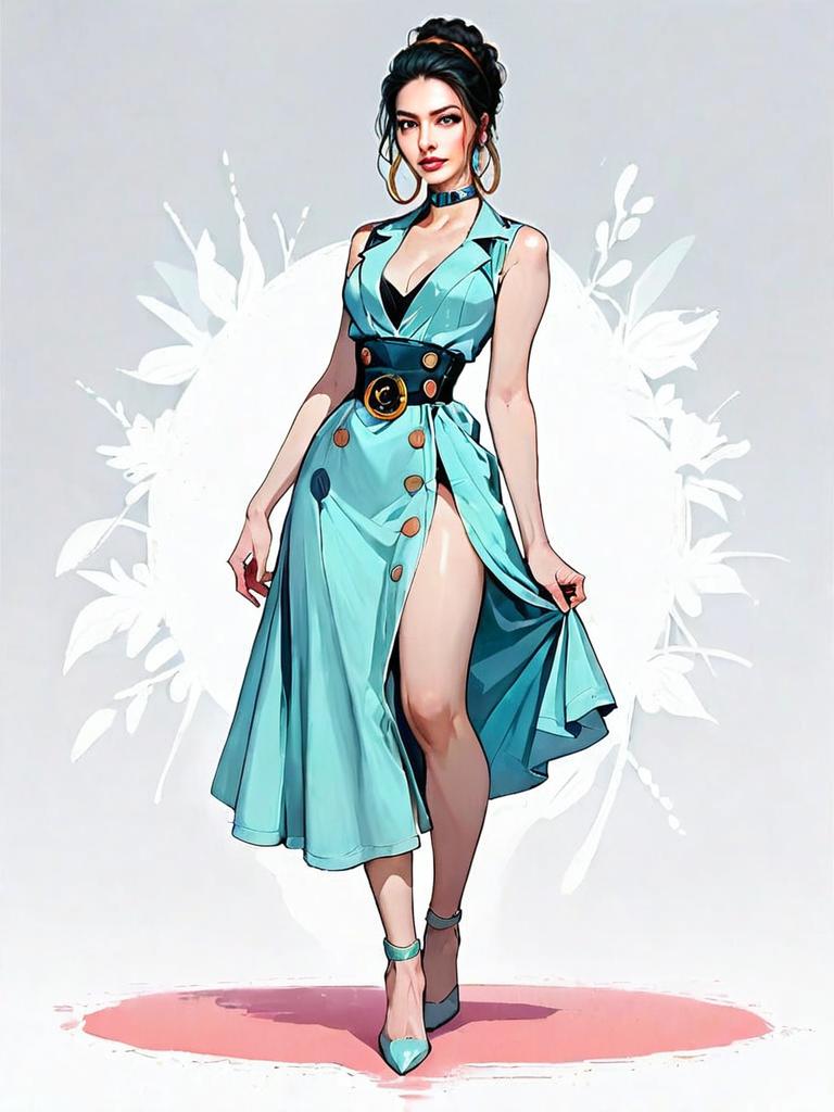 Realistic Comic Style Woman in Modern Blue Dress with High Slit Full Body Shot