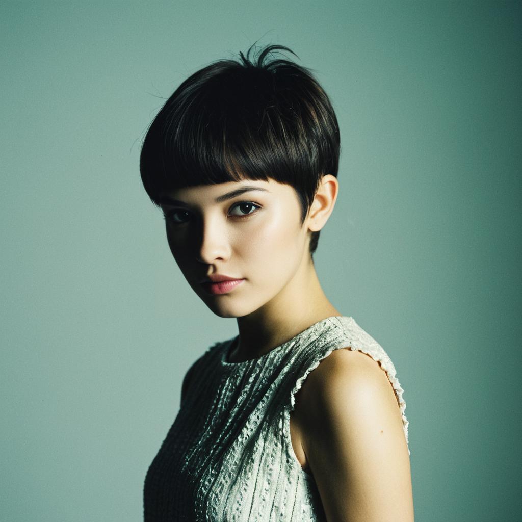 Portrait of Young Woman with Short Pixie Haircut in Soft Light