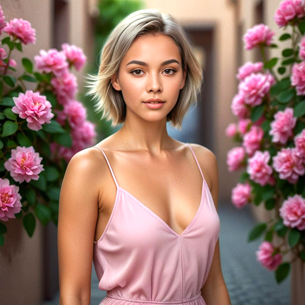 Confident Woman in Pink Dress Among Flowers