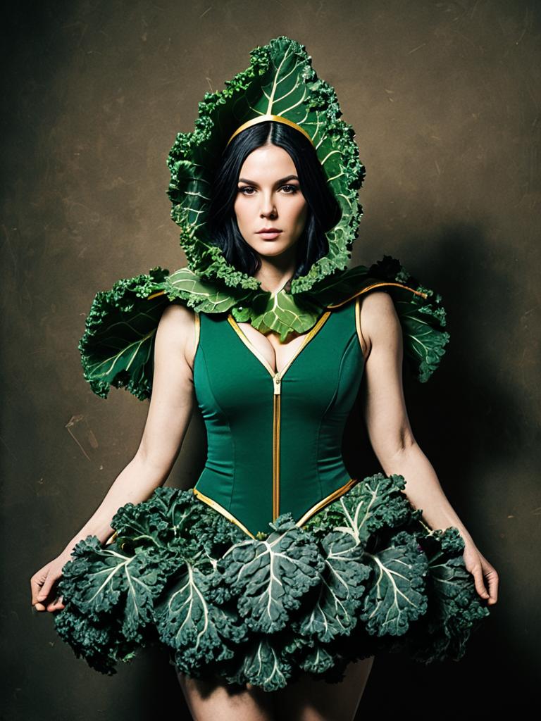 Woman in Realistic Kale Leaves Cosplay Costume with Green Bodice