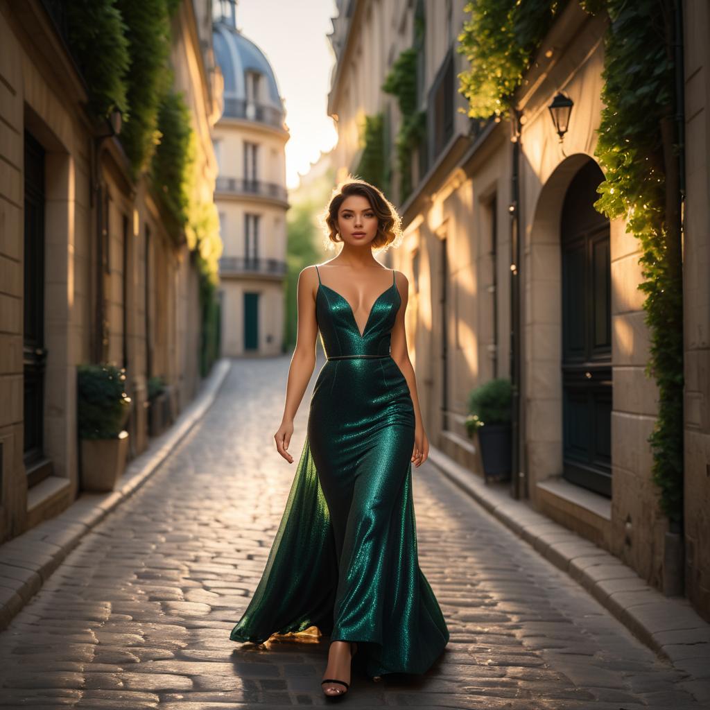 Elegant Woman in Emerald Dress on Parisian Street