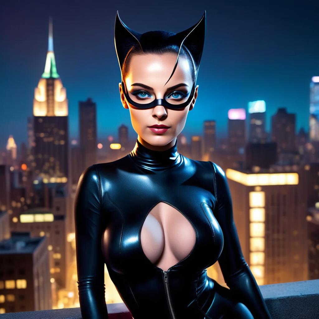 Woman in Black Latex Catsuit with Cat Mask on Rooftop at Night