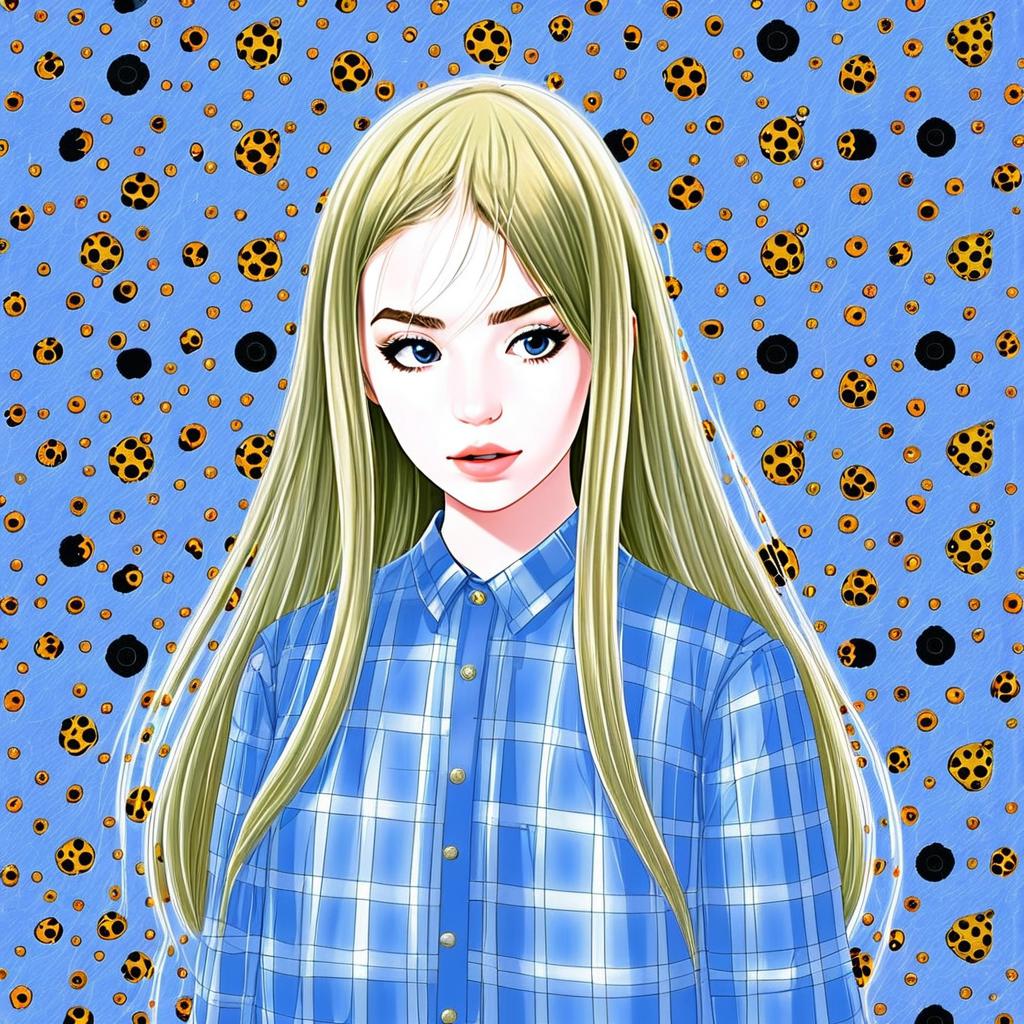Anime Style Portrait of Blonde Woman in Blue Plaid Shirt on Patterned Background
