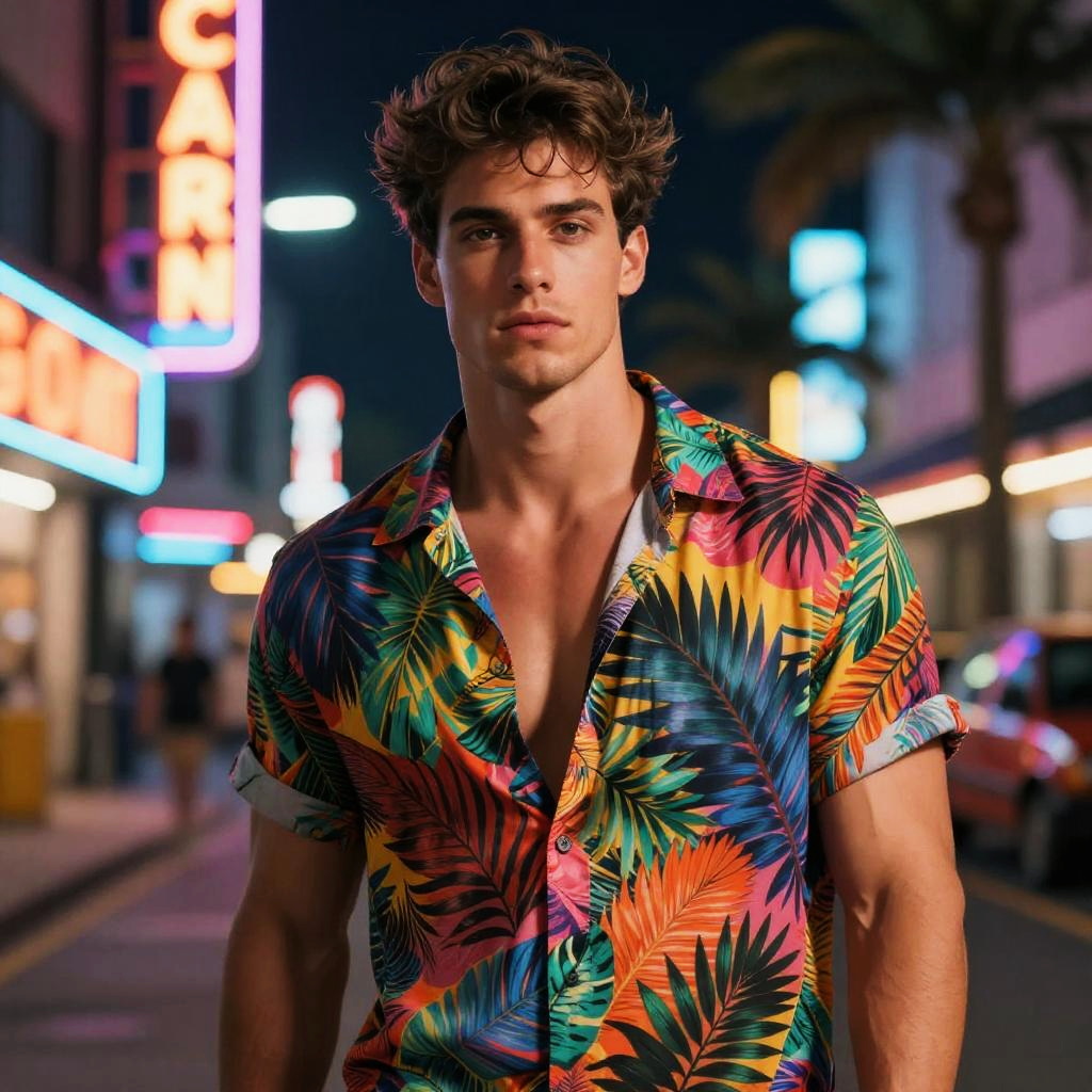 Gen Z Stylish Young Man in Tropical Shirt at Night Urban Street