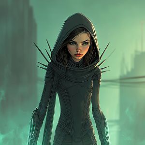 Futuristic Woman in Hooded Cyberpunk Armor Illustration