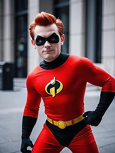 Heroic Man in Red and Black Costume in Urban Setting