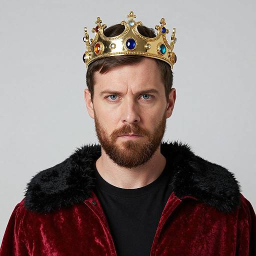 Portrait of Man Wearing Royal Crown and Red Velvet Cloak