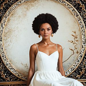 Confident Woman with Afro in Vintage Mirror