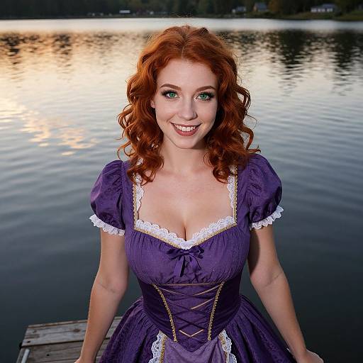 Red-Haired Woman in Purple Vintage Dress by Lakeside at Sunset