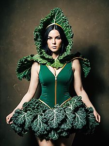 Woman in Realistic Kale Leaves Cosplay Costume with Green Bodice