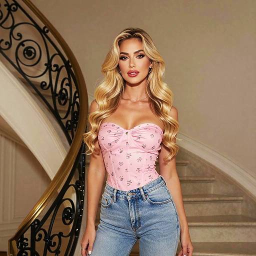 Blonde Woman in Pink Floral Top and Blue Jeans by Spiral Staircase