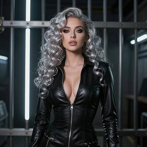 Stylish Woman in Black Leather Jacket with Silver Curly Hair