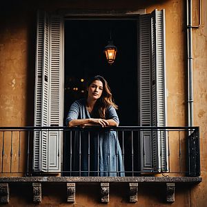 Woman on Balcony with Vintage Lantern in Warm-Toned Setting