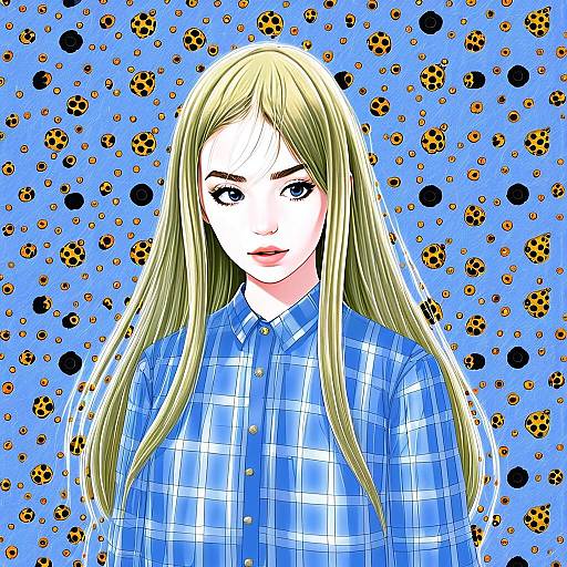 Anime Style Portrait of Blonde Woman in Blue Plaid Shirt on Patterned Background