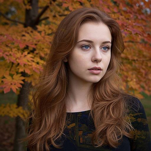 Portrait of Young Woman with Red Hair in Autumn Leaves