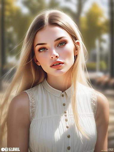 Digital Portrait of Young Blonde Woman in White Top
