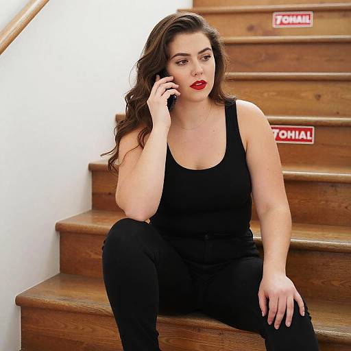Woman in Black Outfit Sitting on Wooden Stairs Talking on Phone